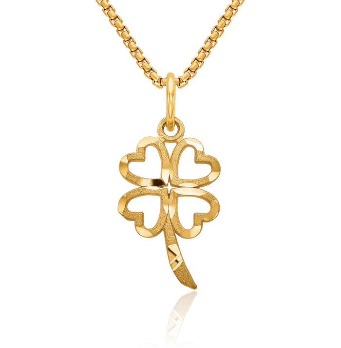 14K Solid Yellow Gold 4 Leaf Lucky Clover Shamrock Flower Necklace Chain Pendant Charm