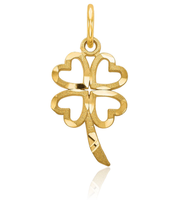 14K Solid Yellow Gold 4 Leaf Lucky Clover Shamrock Flower Necklace Chain Pendant Charm