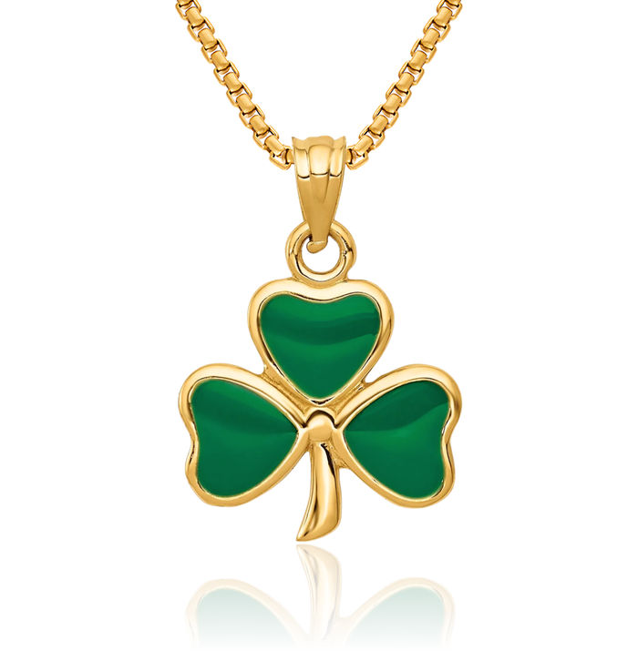 14K Solid Yellow Gold 3 Leaf Lucky Clover Shamrock Flower Necklace Heart Irish Claddagh Celtic Charm Pendant Jewelry