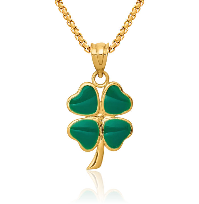 14K Solid Yellow Gold 4 Leaf Lucky Clover Shamrock Flower Necklace Heart Irish Claddagh Celtic Charm Pendant Jewelry