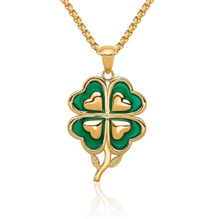 14K Solid Yellow Gold 4 Leaf Lucky Clover Shamrock Flower Necklace Heart Irish Claddagh Celtic Charm Pendant Jewelry