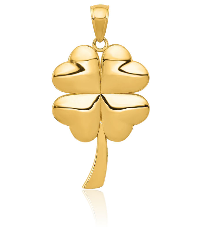 14K Solid Yellow Gold 4 Leaf Lucky Clover Shamrock Flower Necklace Chain Pendant Charm