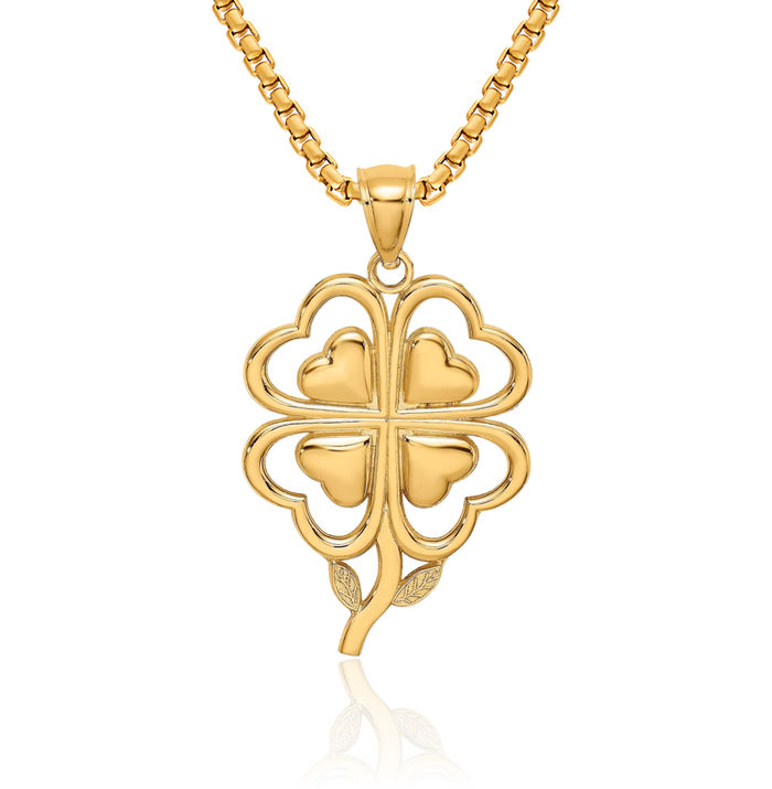 14K Solid Yellow Gold 4 Leaf Lucky Clover Shamrock Flower Necklace Heart Irish Claddagh Celtic Charm Pendant Jewelry