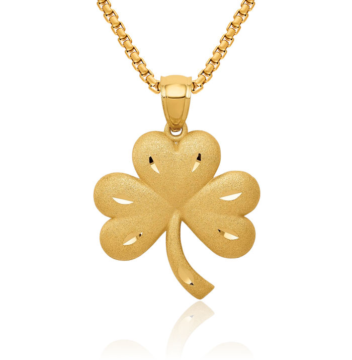 14K Solid Yellow Gold Lucky Clover Leaf Shamrock Flower Necklace Heart Irish Claddagh Celtic Charm Pendant Jewelry