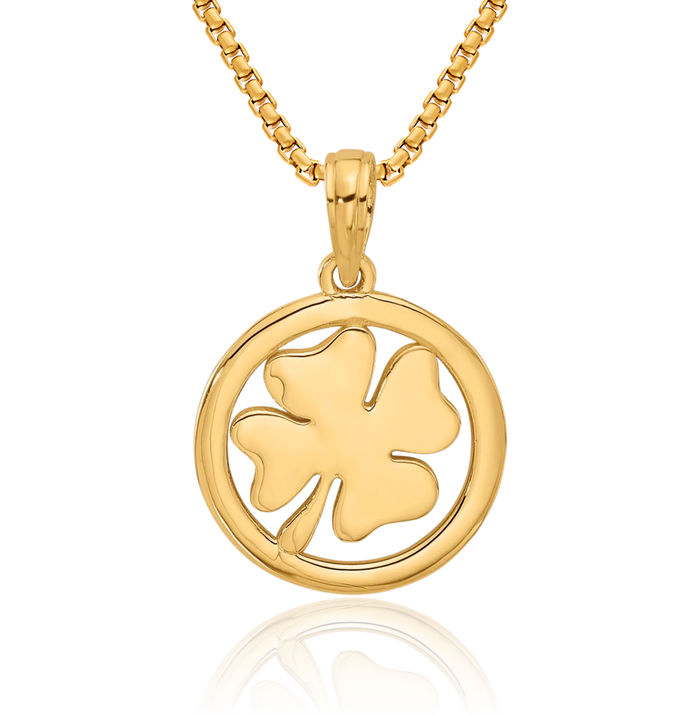 14K Solid Yellow Gold Lucky Clover Leaf Shamrock Flower Necklace Chain Pendant Charm