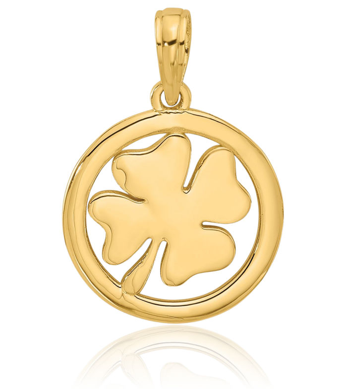 14K Solid Yellow Gold Lucky Clover Leaf Shamrock Flower Necklace Chain Pendant Charm