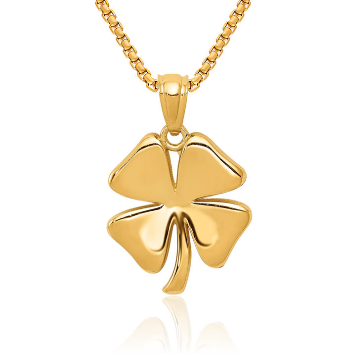 14K Solid Yellow Gold 4 Leaf Lucky Clover Shamrock Flower Necklace Heart Irish Claddagh Celtic Charm Pendant Jewelry