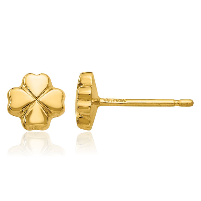 14K Solid Yellow Gold 4 Leaf Lucky Clover Shamrock Flower Stud Earrings