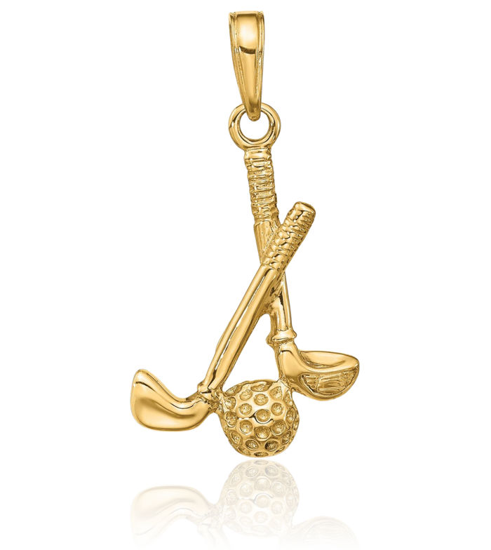 14K Solid Yellow Gold Clubs Ball Necklace Golf Charm Sports Pendant