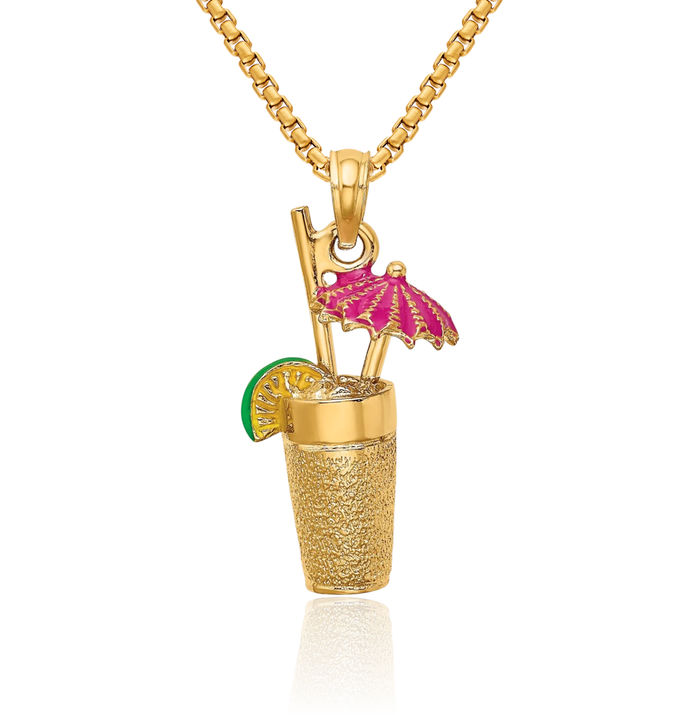 14K Solid Yellow Gold Cocktail Drink Red Umbrella Lime Necklace Chain Pendant Charm