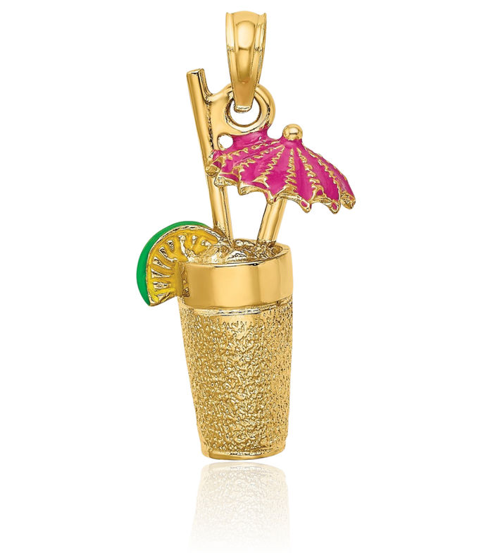14K Solid Yellow Gold Cocktail Drink Red Umbrella Lime Necklace Chain Pendant Charm