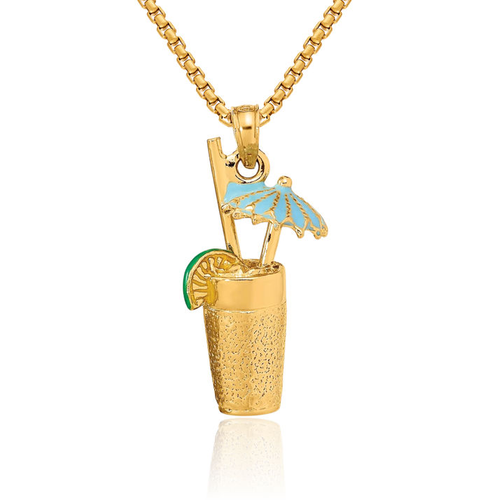 14K Solid Yellow Gold Cocktail Drink Umbrella Lime Necklace Chain Pendant Charm