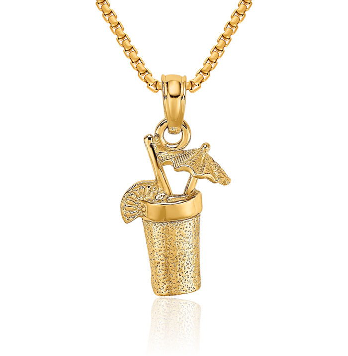 14K Solid Yellow Gold Cocktail Drink Umbrella Necklace Chain Pendant Charm