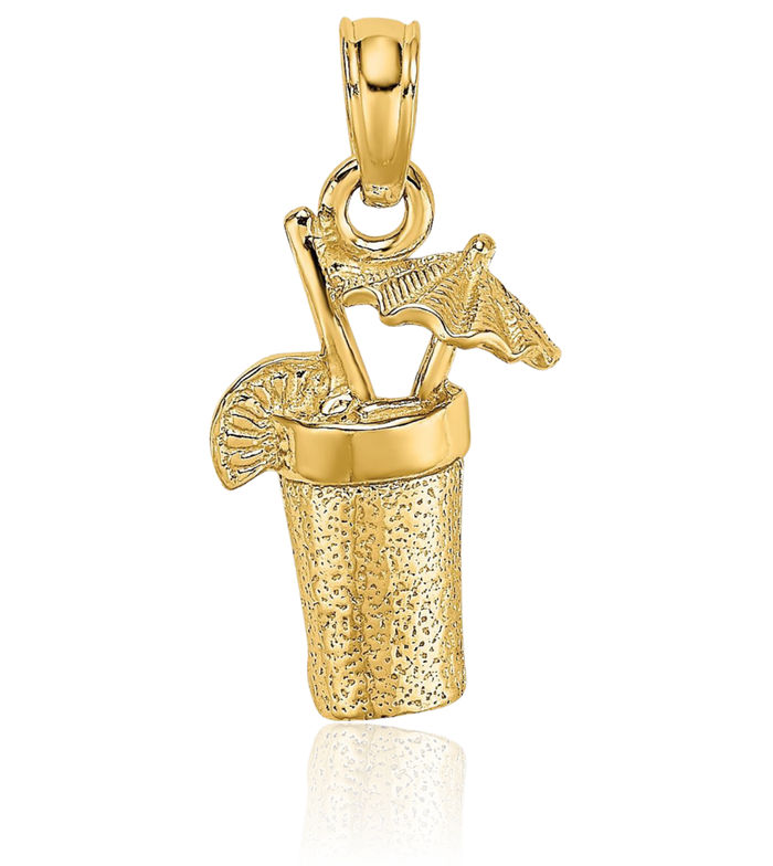 14K Solid Yellow Gold Cocktail Drink Umbrella Necklace Chain Pendant Charm