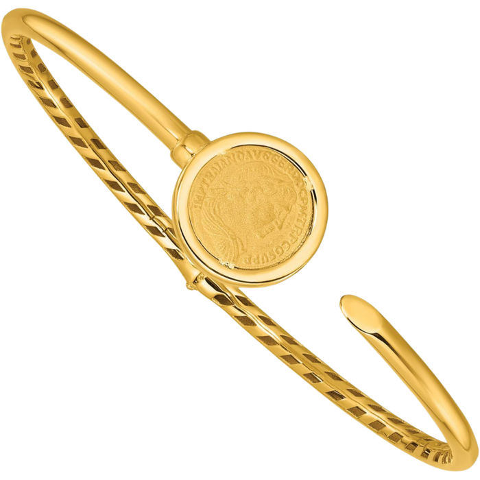 14K Solid Yellow Gold Coin Bangle Bracelet