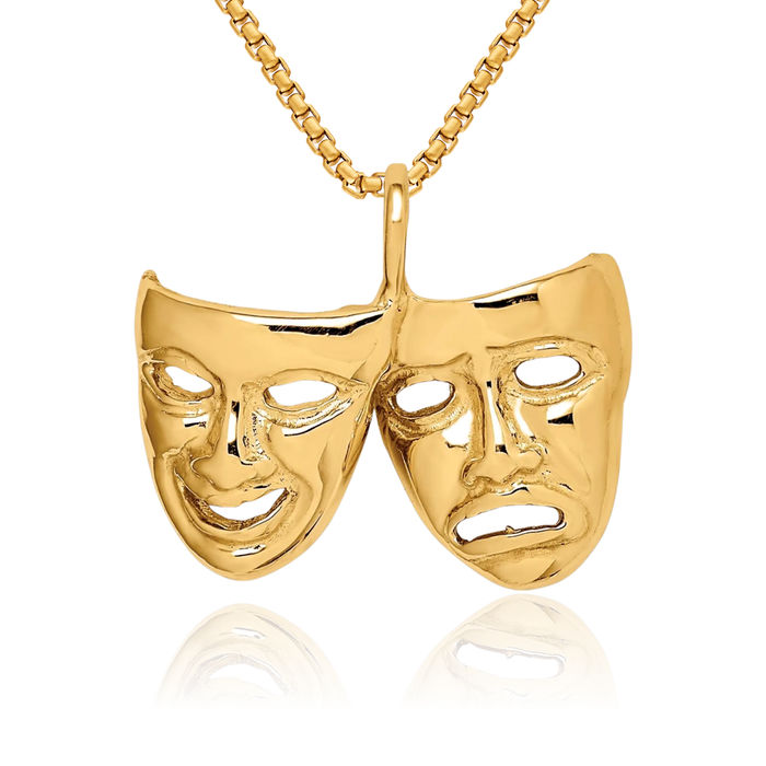 14K Solid Yellow Gold Comedy Tragedy Theater Masks Necklace