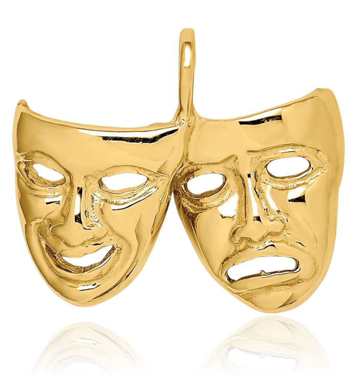 14K Solid Yellow Gold Comedy Tragedy Theater Masks Necklace