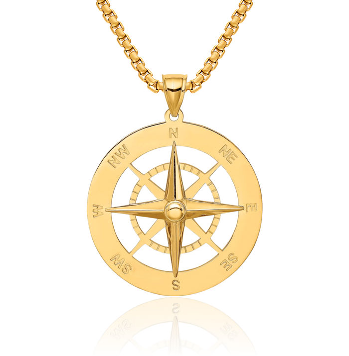 14K Solid Yellow Gold Nautical North Star Compass Necklace Chain Pendant Charm