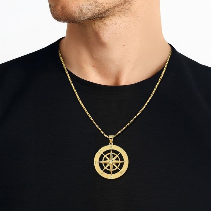 14K Solid Yellow Gold Nautical North Star Compass Necklace Chain Pendant Charm