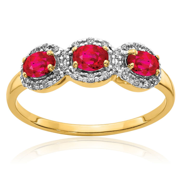 14K Solid Yellow Gold Composite Red Ruby Diamond 3 Stone Ring Gemstone Band July Birthstone Jewelry