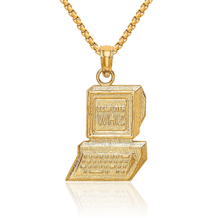 14K Solid Yellow Gold Computer Whiz Necklace Chain Pendant Charm