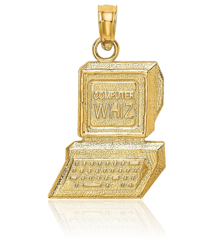 14K Solid Yellow Gold Computer Whiz Necklace Chain Pendant Charm