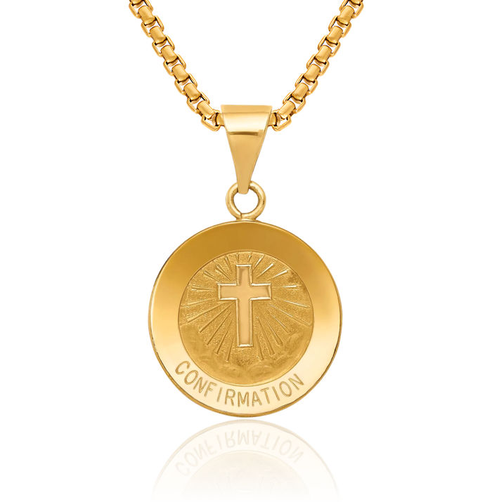 14K Solid Yellow Gold Confirmation Medal Necklace Chain Pendant Charm