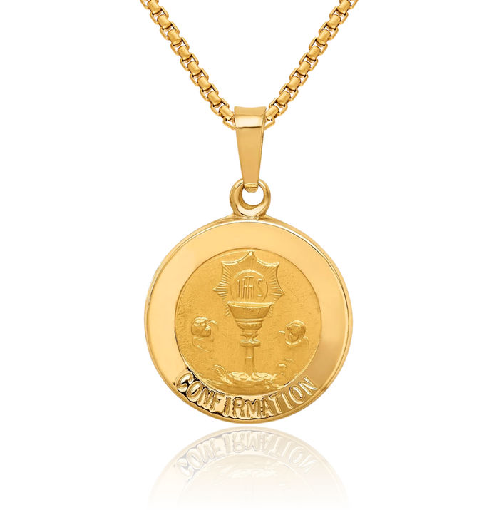 14K Solid Yellow Gold Confirmation Medal Necklace Chain Pendant Charm