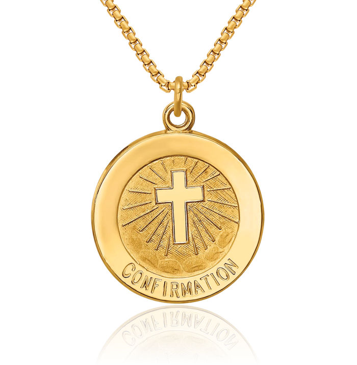 14K Solid Yellow Gold Confirmation Medal Necklace Chain Pendant Charm