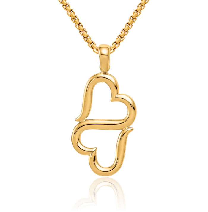 14K Solid Yellow Gold Connected Double Heart Necklace Love Pendant Charm