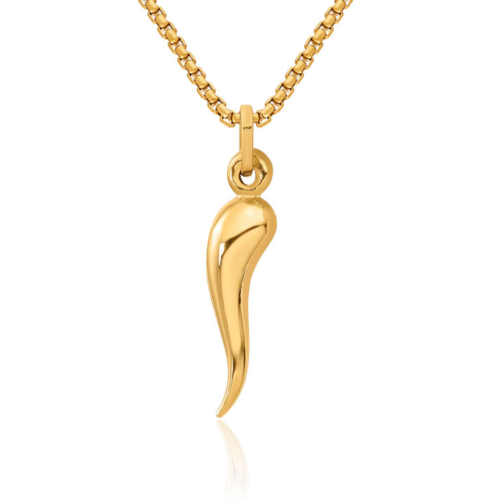 14K Solid Yellow Gold Cornicello Italian Horn Necklace Lucky Protection Amulet Pendant Chilli Pepper Charm