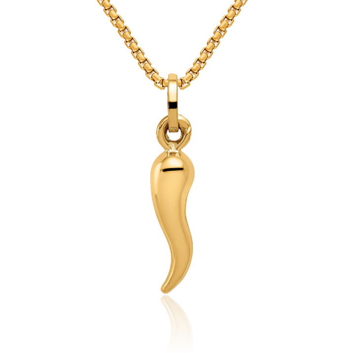 14K Solid Yellow Gold Cornicello Italian Horn Necklace Lucky Protection Amulet Pendant Chilli Pepper Charm