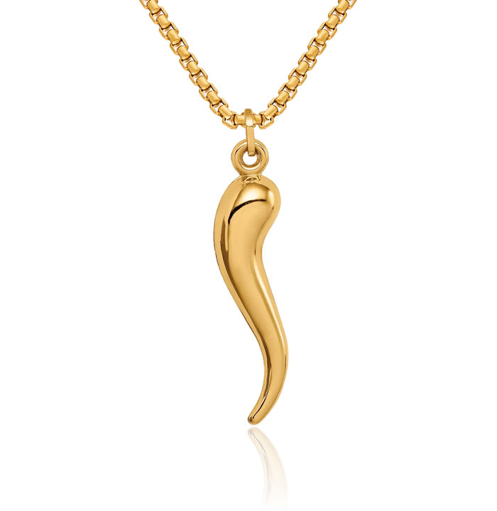 14K Solid Yellow Gold Cornicello Italian Horn Necklace Lucky Protection Amulet Pendant Chilli Pepper Charm