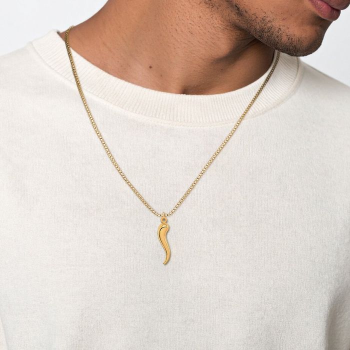 14K Solid Yellow Gold Cornicello Italian Horn Necklace Lucky Protection Amulet Pendant Chilli Pepper Charm