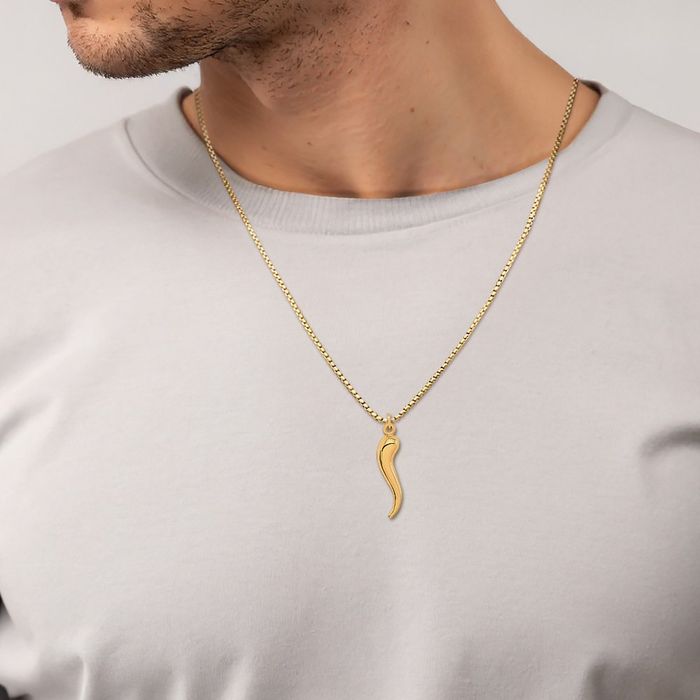 14K Solid Yellow Gold Cornicello Italian Horn Necklace Lucky Protection Amulet Pendant Chilli Pepper Charm