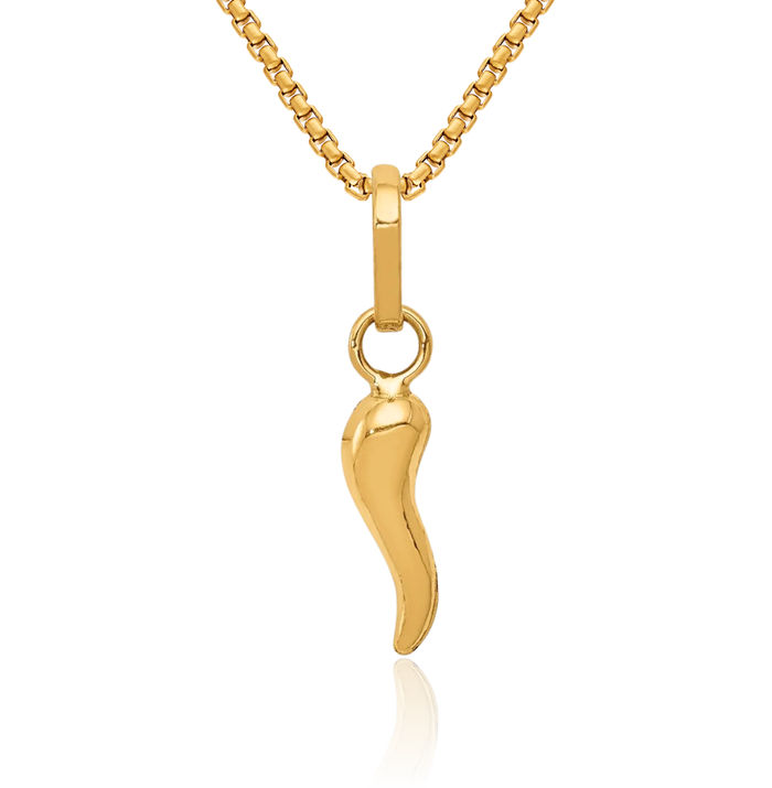 14K Solid Yellow Gold Cornicello Italian Horn Necklace Lucky Protection Amulet Pendant Chilli Pepper Charm