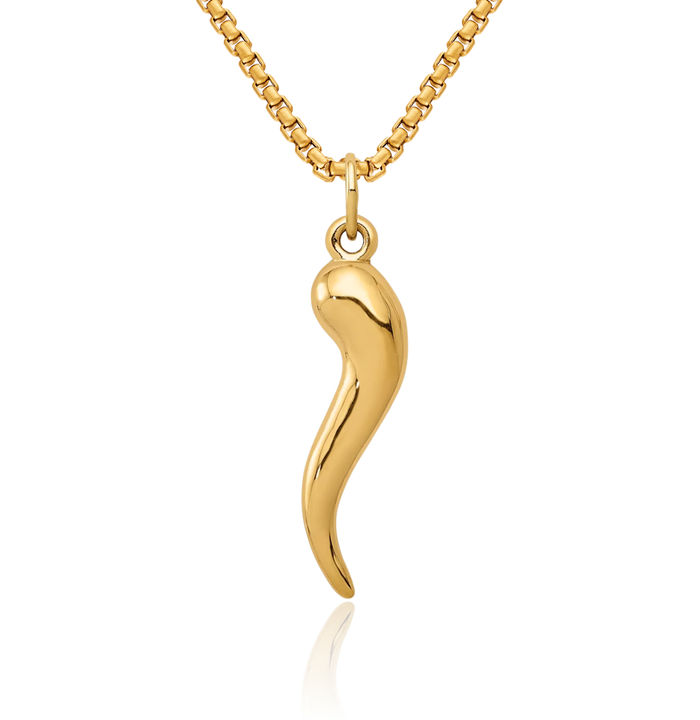 14K Solid Yellow Gold Cornicello Italian Horn Necklace Lucky Protection Amulet Pendant Chilli Pepper Charm