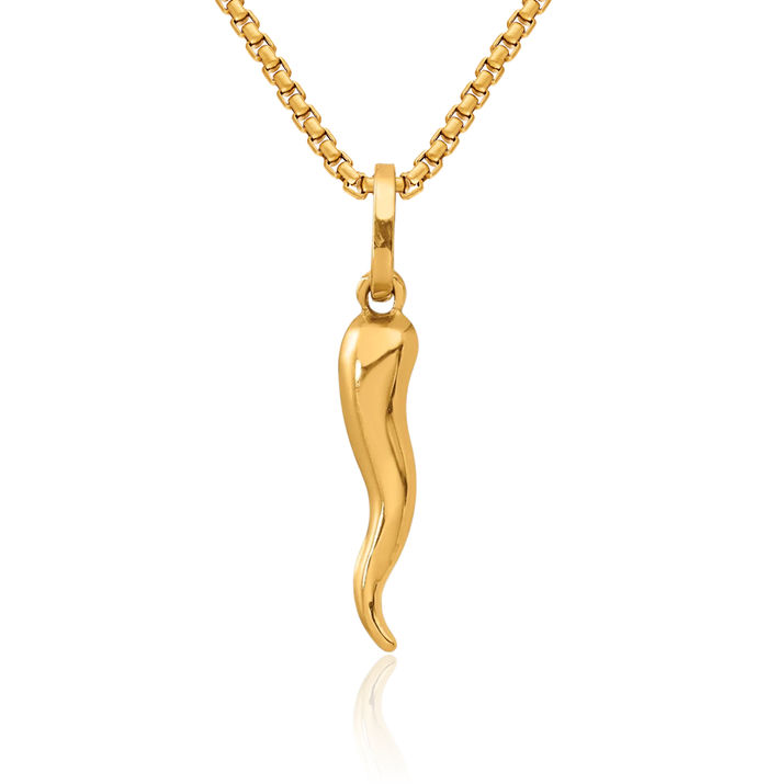 14K Solid Yellow Gold Cornicello Italian Horn Necklace Lucky Protection Amulet Pendant Chilli Pepper Charm