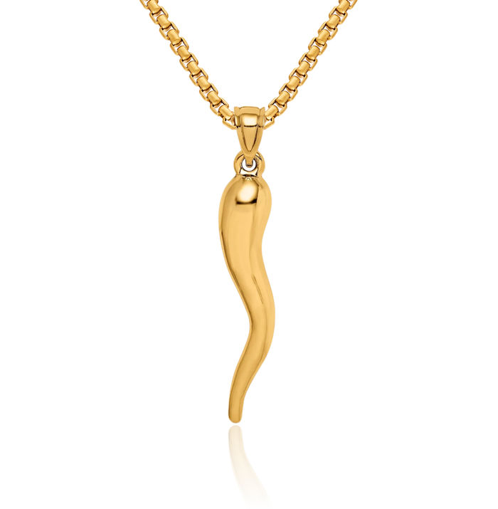 14K Solid Yellow Gold Cornicello Italian Horn Necklace Lucky Protection Amulet Pendant Chilli Pepper Charm