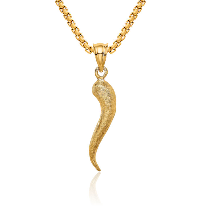 14K Solid Yellow Gold Cornicello Italian Horn Necklace Lucky Protection Amulet Pendant Chilli Pepper Charm