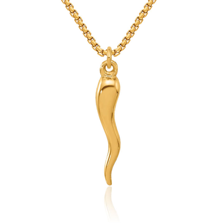 14K Solid Yellow Gold Cornicello Italian Horn Necklace Lucky Protection Amulet Pendant Chilli Pepper Charm