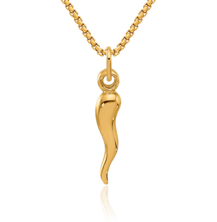 14K Solid Yellow Gold Cornicello Italian Horn Necklace Lucky Protection Amulet Pendant Chilli Pepper Charm