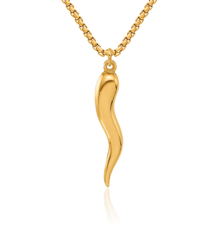 14K Solid Yellow Gold Cornicello Italian Horn Necklace Lucky Protection Amulet Pendant Chilli Pepper Charm