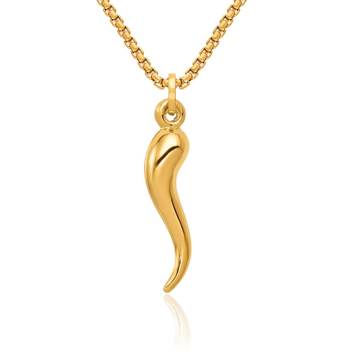 14K Solid Yellow Gold Cornicello Italian Horn Necklace Lucky Protection Amulet Pendant Chilli Pepper Charm