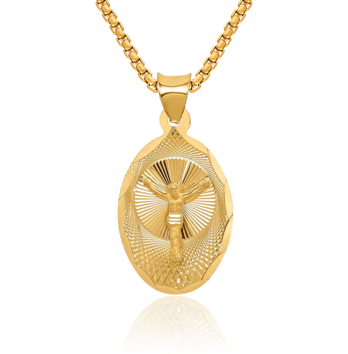 14K Solid Yellow Gold Corpus Jesus Christ Oval Necklace Religious Chain Pendant Christian Faith Charm