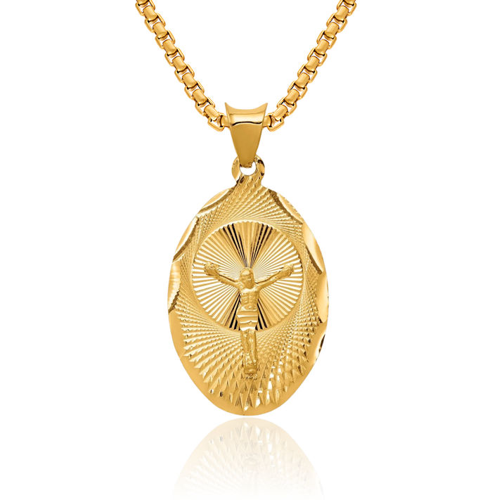 14K Solid Yellow Gold Corpus Jesus Christ Oval Necklace Religious Chain Pendant Christian Faith Charm