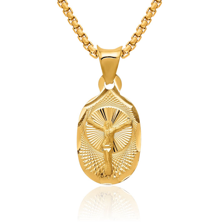 14K Solid Yellow Gold Corpus Jesus Christ Oval Necklace Religious Chain Pendant Christian Faith Charm