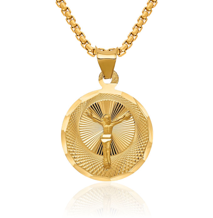 14K Solid Yellow Gold Corpus Jesus Christ Circle Round Necklace Religious Chain Pendant Christian Faith Charm