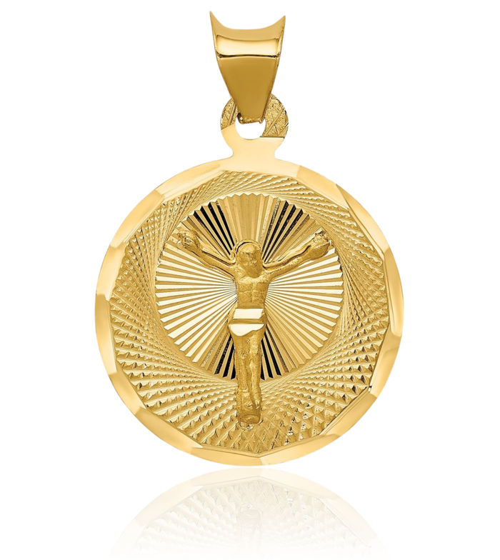 14K Solid Yellow Gold Corpus Jesus Christ Circle Round Necklace Religious Chain Pendant Christian Faith Charm