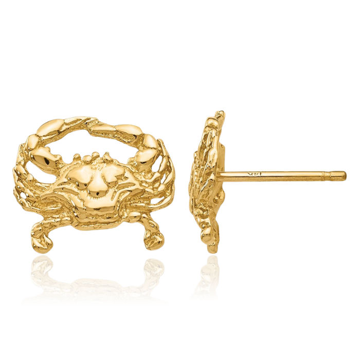 14K Solid Yellow Gold Crab Claw Stud Earrings